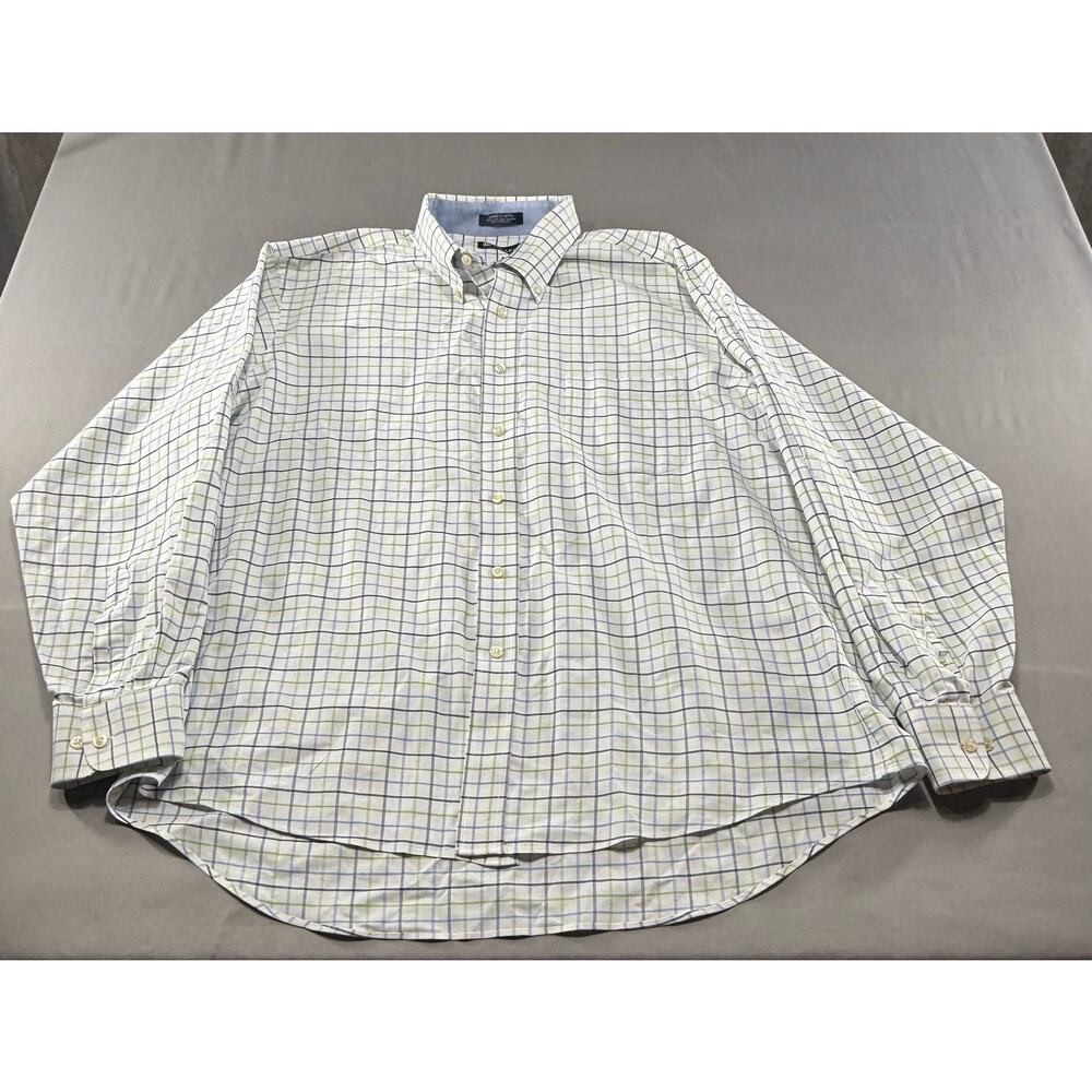 Chaps Men’s XL Button Down Shirt White Blue Green Windowpane Plaid Long Sleeve